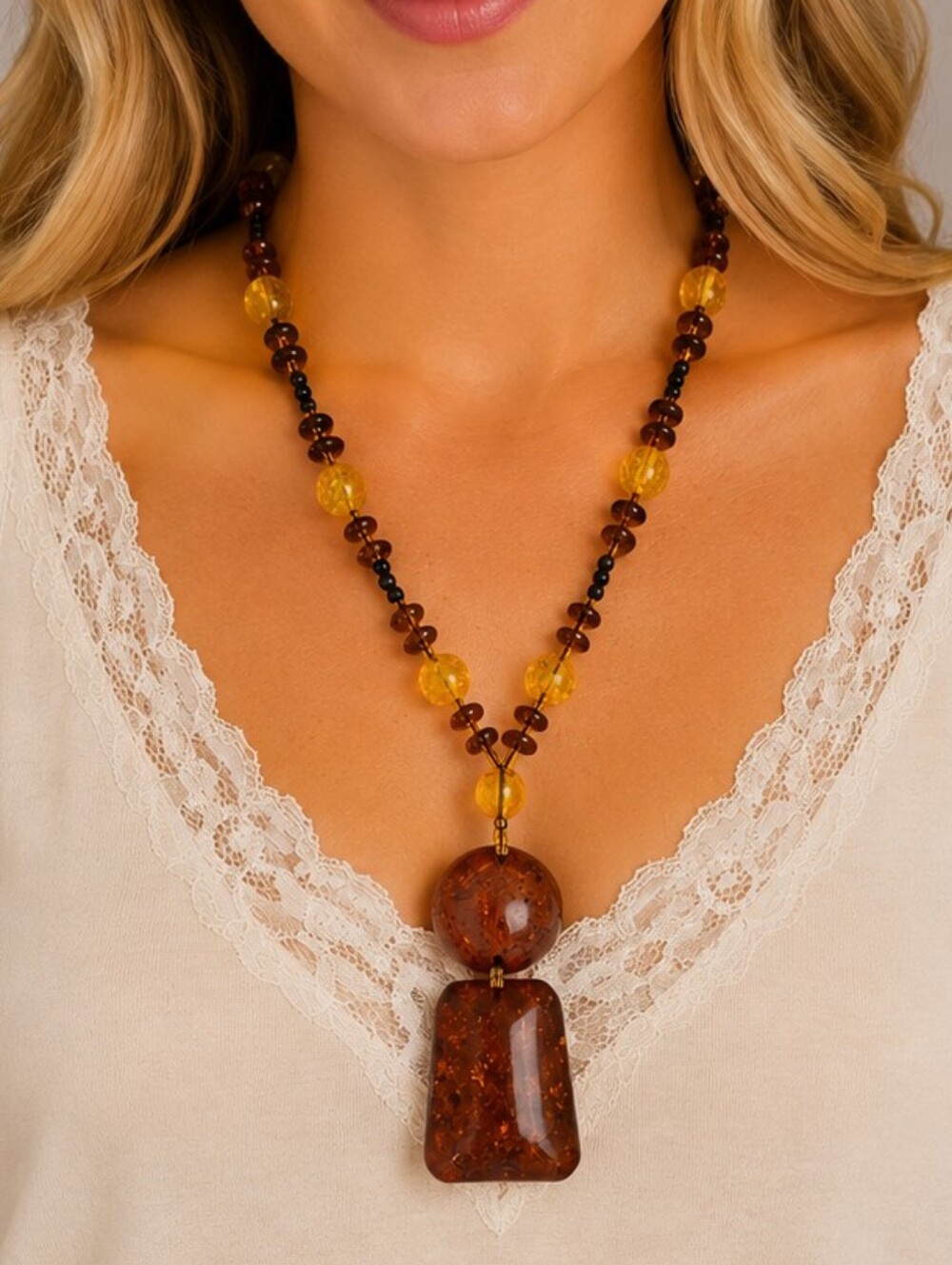 Vintage Faux Amber Beaded Geometric Pendant Necklace